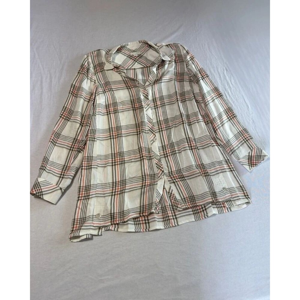 J.Jill Womens M Cream Plaid Tunic Shirt Button Front Long Sleeve Rust Olive